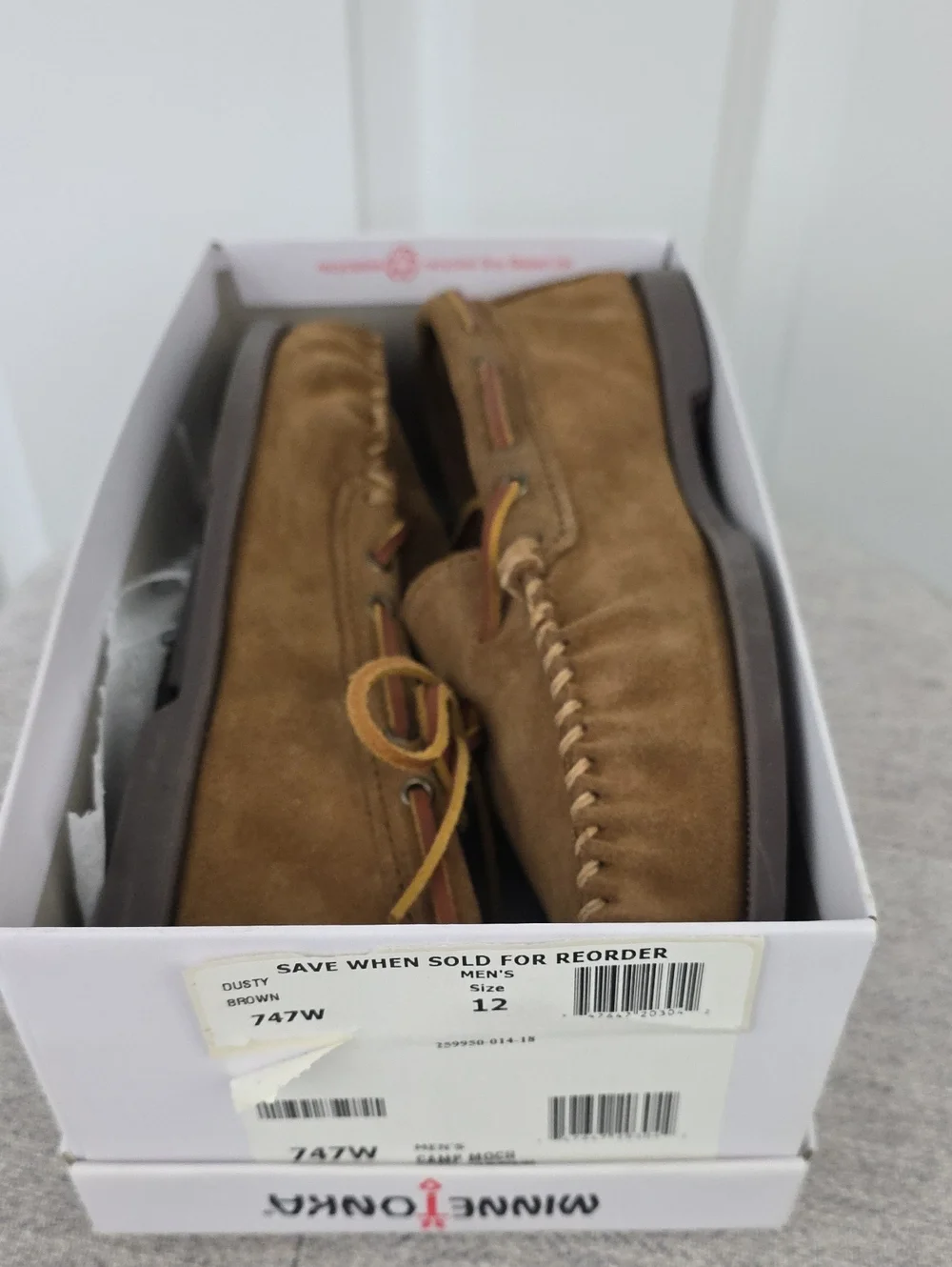 Minnetonka 747W Men's Sued Camp Moccasins In Dusty Brown Size 12 NEW IN BOX